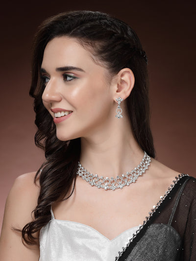 Sukkhi Latest Stylish Rhodium Plated AD Stones Studded Silver Choker Necklace Set with Drop Earrings Jewellery for Women & Girs|Jewellery for Party, Wedding, and Festive Occasions for Women|NS107475