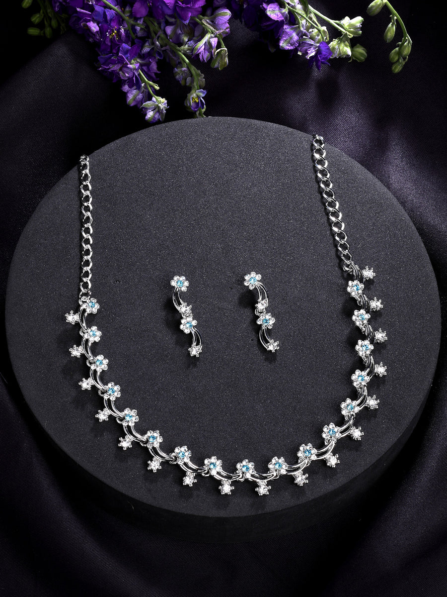 Sukkhi All Season Floral Design with Rhodium Plated AD Stones Silver Choker Necklace Set & Dangle Earrings Jewellery for Women|Jewellery for Party, Wedding, and Festive Occasions for Women|NS107476
