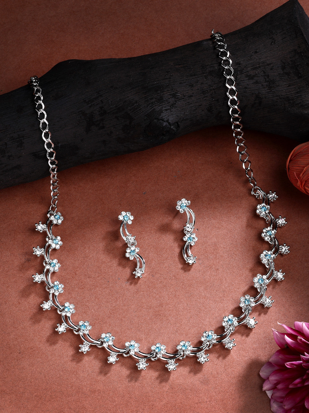 Sukkhi All Season Floral Design with Rhodium Plated AD Stones Silver Choker Necklace Set & Dangle Earrings Jewellery for Women|Jewellery for Party, Wedding, and Festive Occasions for Women|NS107476