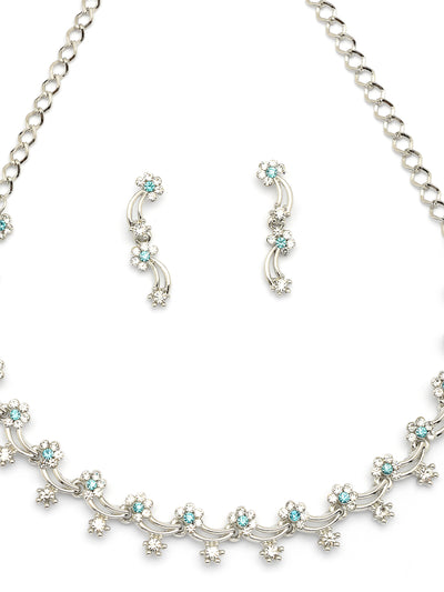 Sukkhi All Season Floral Design with Rhodium Plated AD Stones Silver Choker Necklace Set & Dangle Earrings Jewellery for Women|Jewellery for Party, Wedding, and Festive Occasions for Women|NS107476