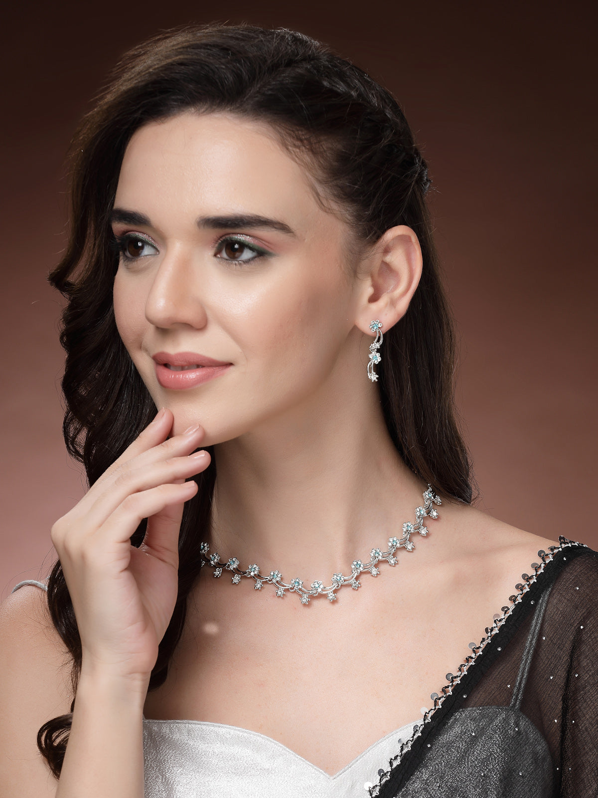 Sukkhi All Season Floral Design with Rhodium Plated AD Stones Silver Choker Necklace Set & Dangle Earrings Jewellery for Women|Jewellery for Party, Wedding, and Festive Occasions for Women|NS107476