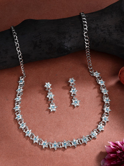 Sukkhi Latest Stylish Floral Design Rhodium Plated AD Stones Silver Choker Necklace Set with Dangle Earrings Jewellery for Women|Jewellery for Party, Wedding, and Festive Occasions for Women|NS107477