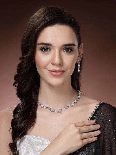 Sukkhi Latest Stylish Floral Design Rhodium Plated AD Stones Silver Choker Necklace Set with Dangle Earrings Jewellery for Women|Jewellery for Party, Wedding, and Festive Occasions for Women|NS107477