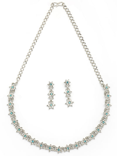 Sukkhi Latest Stylish Floral Design Rhodium Plated AD Stones Silver Choker Necklace Set with Dangle Earrings Jewellery for Women|Jewellery for Party, Wedding, and Festive Occasions for Women|NS107477