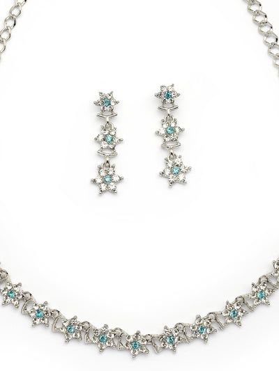 Sukkhi Latest Stylish Floral Design Rhodium Plated AD Stones Silver Choker Necklace Set with Dangle Earrings Jewellery for Women|Jewellery for Party, Wedding, and Festive Occasions for Women|NS107477