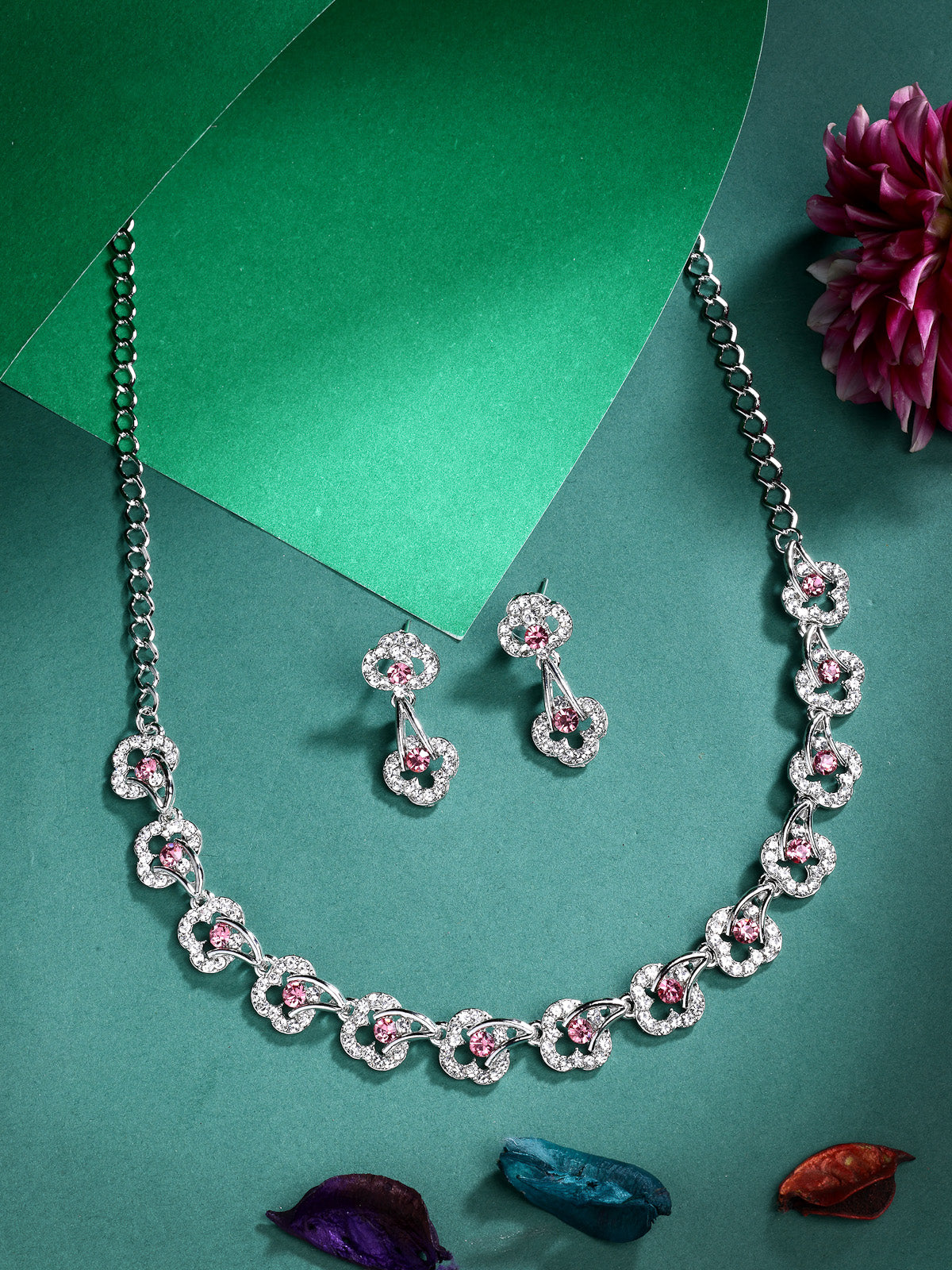 Sukkhi Pretty Stylish Rhodium Plated AD Stones Silver Choker Necklace Set with Drop Earrings Jewellery for Women & Girls|Jewellery for Party, Wedding, and Festive Occasions for Women|NS107478