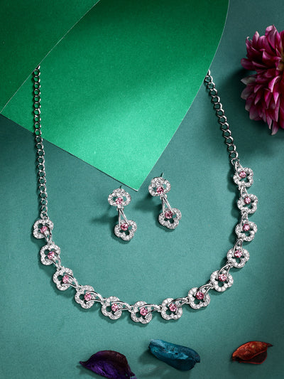 Sukkhi Pretty Stylish Rhodium Plated AD Stones Silver Choker Necklace Set with Drop Earrings Jewellery for Women & Girls|Jewellery for Party, Wedding, and Festive Occasions for Women|NS107478