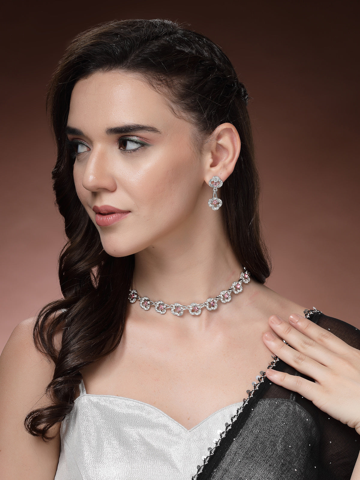 Sukkhi Pretty Stylish Rhodium Plated AD Stones Silver Choker Necklace Set with Drop Earrings Jewellery for Women & Girls|Jewellery for Party, Wedding, and Festive Occasions for Women|NS107478