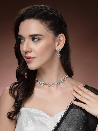 Sukkhi Pretty Stylish Rhodium Plated AD Stones Silver Choker Necklace Set with Drop Earrings Jewellery for Women & Girls|Jewellery for Party, Wedding, and Festive Occasions for Women|NS107478