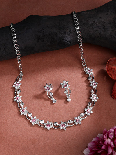 Sukkhi Floral Design with Rhodium Plated AD Stones Silver Choker Necklace Set with Drop Earrings Jewellery for Women & Girls|Jewellery for Party, Wedding, and Festive Occasions for Women|NS107479