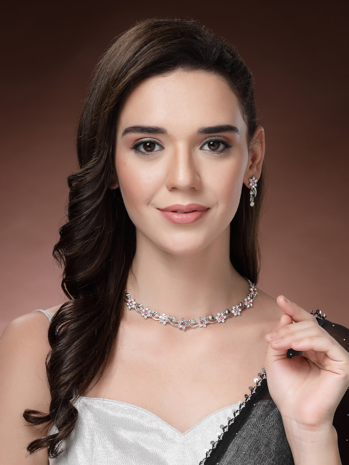 Sukkhi Floral Design with Rhodium Plated AD Stones Silver Choker Necklace Set with Drop Earrings Jewellery for Women & Girls|Jewellery for Party, Wedding, and Festive Occasions for Women|NS107479