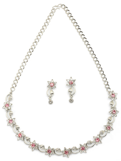 Sukkhi Floral Design with Rhodium Plated AD Stones Silver Choker Necklace Set with Drop Earrings Jewellery for Women & Girls|Jewellery for Party, Wedding, and Festive Occasions for Women|NS107479