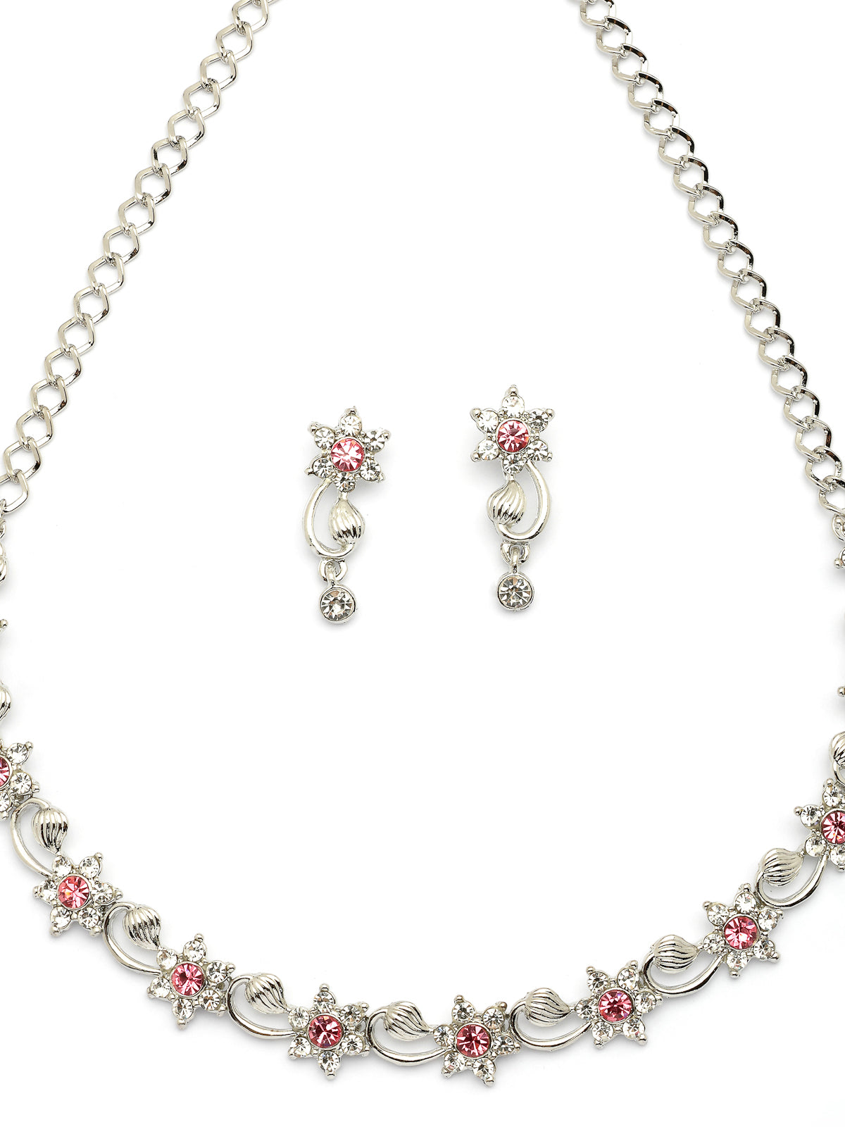 Sukkhi Floral Design with Rhodium Plated AD Stones Silver Choker Necklace Set with Drop Earrings Jewellery for Women & Girls|Jewellery for Party, Wedding, and Festive Occasions for Women|NS107479