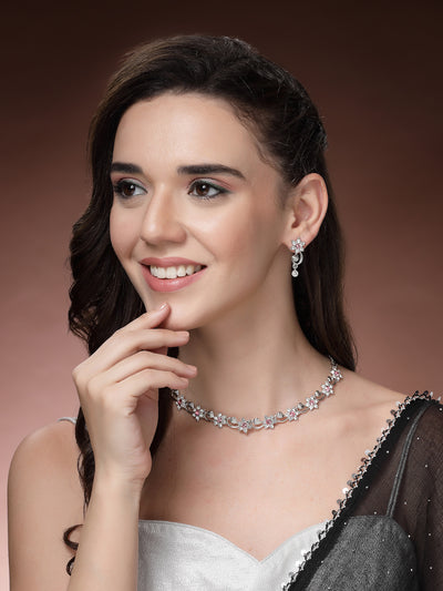 Sukkhi Floral Design with Rhodium Plated AD Stones Silver Choker Necklace Set with Drop Earrings Jewellery for Women & Girls|Jewellery for Party, Wedding, and Festive Occasions for Women|NS107479