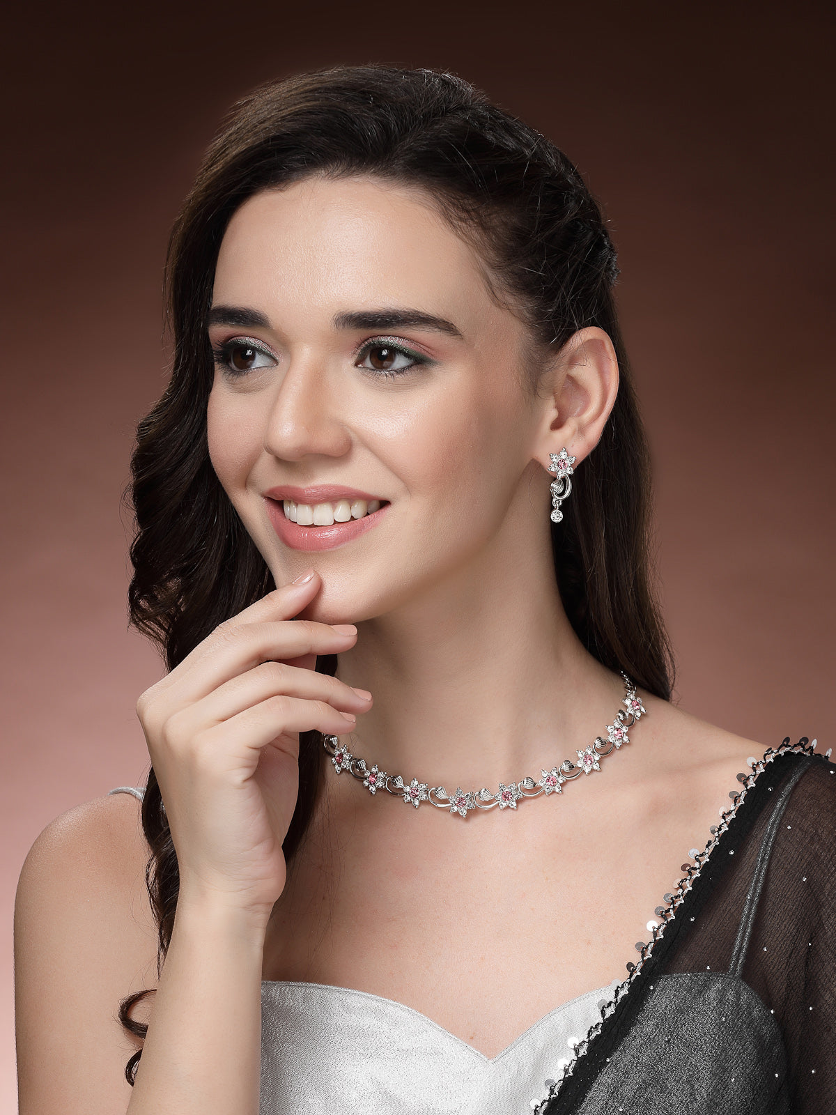 Sukkhi Floral Design with Rhodium Plated AD Stones Silver Choker Necklace Set with Drop Earrings Jewellery for Women & Girls|Jewellery for Party, Wedding, and Festive Occasions for Women|NS107479