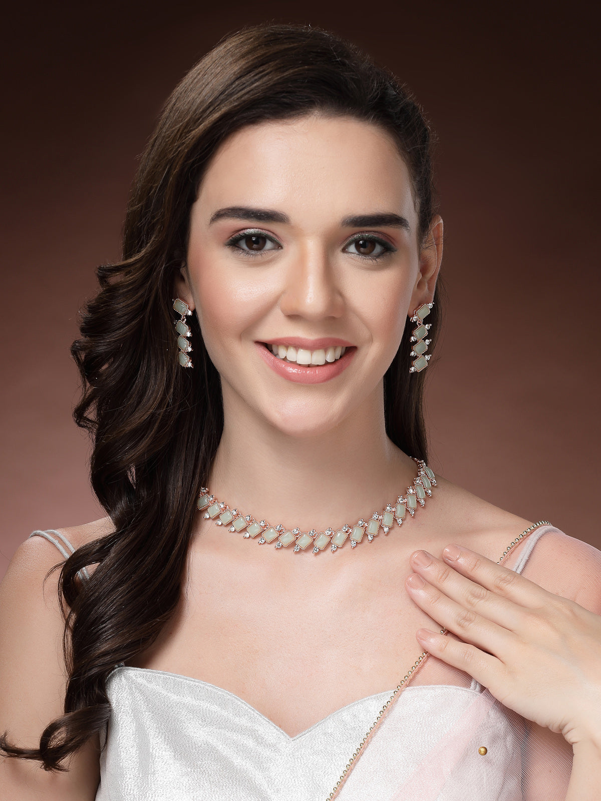 Sukkhi Charming Gold Plated AD Stones Mint Green Choker Necklace Set with Dangle Earrings Jewellery for Women & Girls|Jewellery for Party, Wedding, and Festive Occasions for Women|NS107480