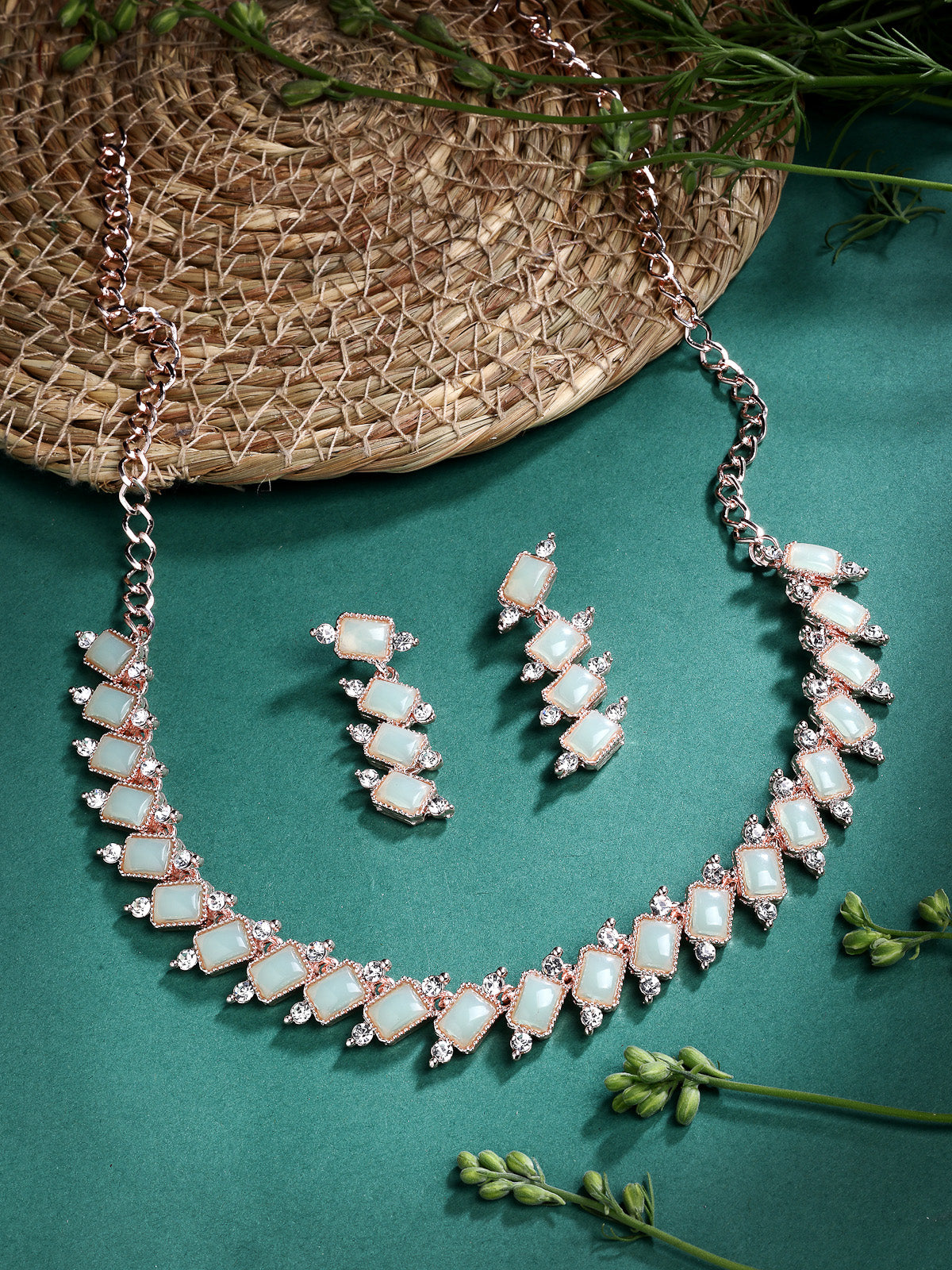 Sukkhi Charming Gold Plated AD Stones Mint Green Choker Necklace Set with Dangle Earrings Jewellery for Women & Girls|Jewellery for Party, Wedding, and Festive Occasions for Women|NS107480