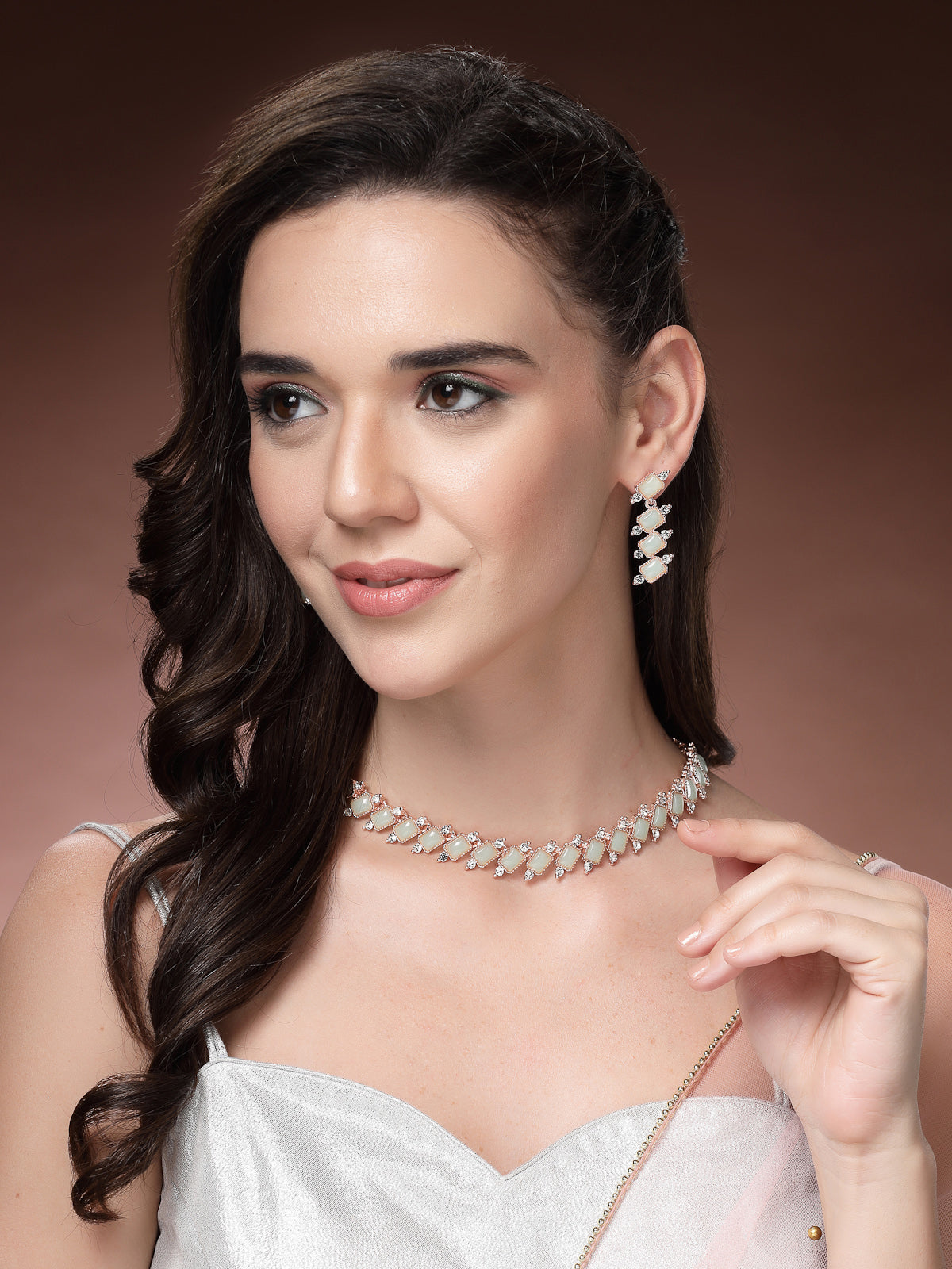 Sukkhi Charming Gold Plated AD Stones Mint Green Choker Necklace Set with Dangle Earrings Jewellery for Women & Girls|Jewellery for Party, Wedding, and Festive Occasions for Women|NS107480