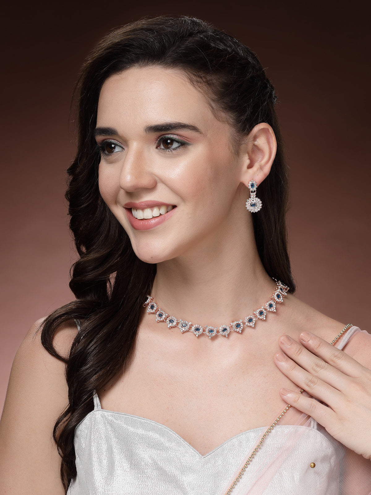 Sukkhi Beautiful Stylish Gold Plated AD Stones Studded Blue Choker Necklace Set with Drop Earrings Jewellery for Women & Girls|Jewellery for Party, Wedding, and Festive Occasions for Women|NS107481