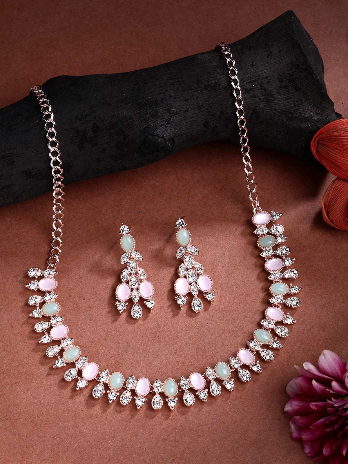 Sukkhi Vintage Stylish Rose Gold Plated AD Stones Studded Choker Necklace Set with Dangle Earrings Jewellery for Women & Girls|Jewellery for Party, Wedding, and Festive Occasions for Women|NS107482