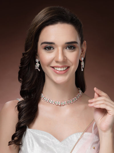 Sukkhi Latest Stylish Floral Design with AD Stones Gold Plated Choker Necklace Set & Dangle Earrings Jewellery for Women & Girls|Jewellery for Party, Wedding, and Festive Occasions for Women|NS107484