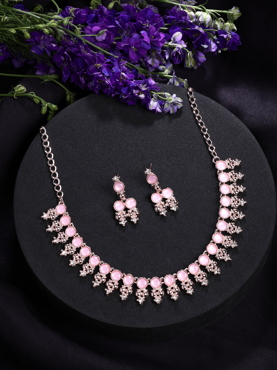 Sukkhi Pretty Pink with Gold Plated AD Stones Studded Choker Necklace Set with Drop Earrings Jewellery for Women & Girls|Jewellery for Party, Wedding, and Festive Occasions for Women|NS107485