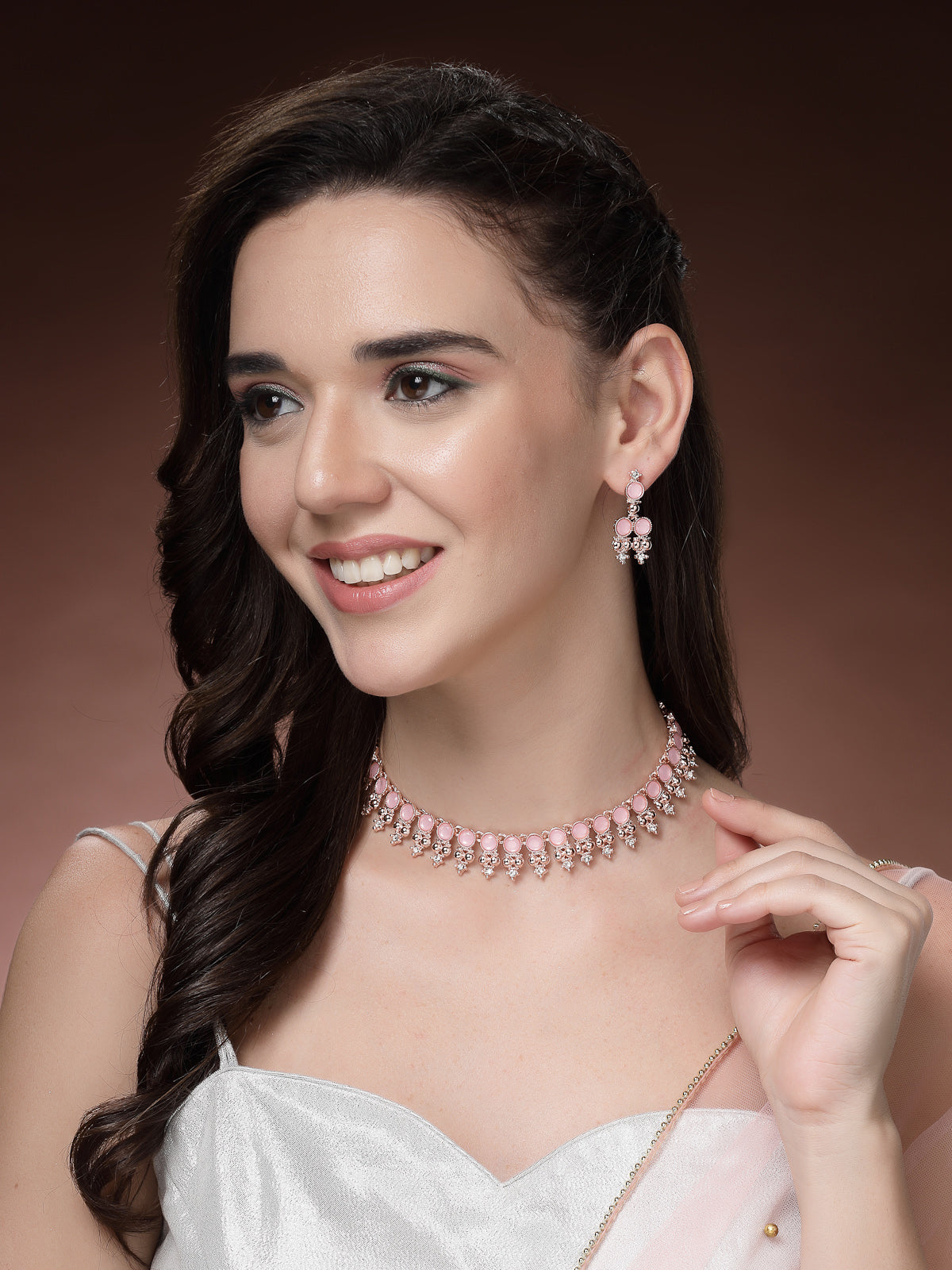 Sukkhi Pretty Pink with Gold Plated AD Stones Studded Choker Necklace Set with Drop Earrings Jewellery for Women & Girls|Jewellery for Party, Wedding, and Festive Occasions for Women|NS107485