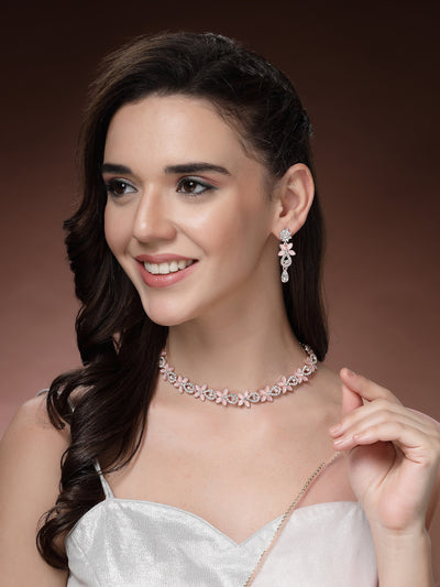 Sukkhi Stylish Flower Design AD Stones Gold Plated Choker Necklace Set with Dangle Earrings Jewellery for Women & Girls|Best Suited for Party, Wedding, and Festive Occasions for Women|NS107487