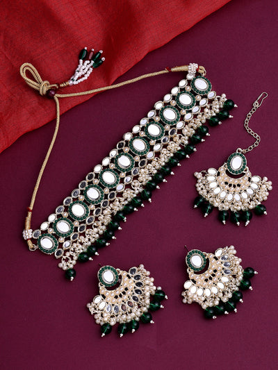 Sukkhi Classy Gold Plated with AD Beads Choker Necklace Set Earring and Maangtikka Jewellery Set for Women|NS107519