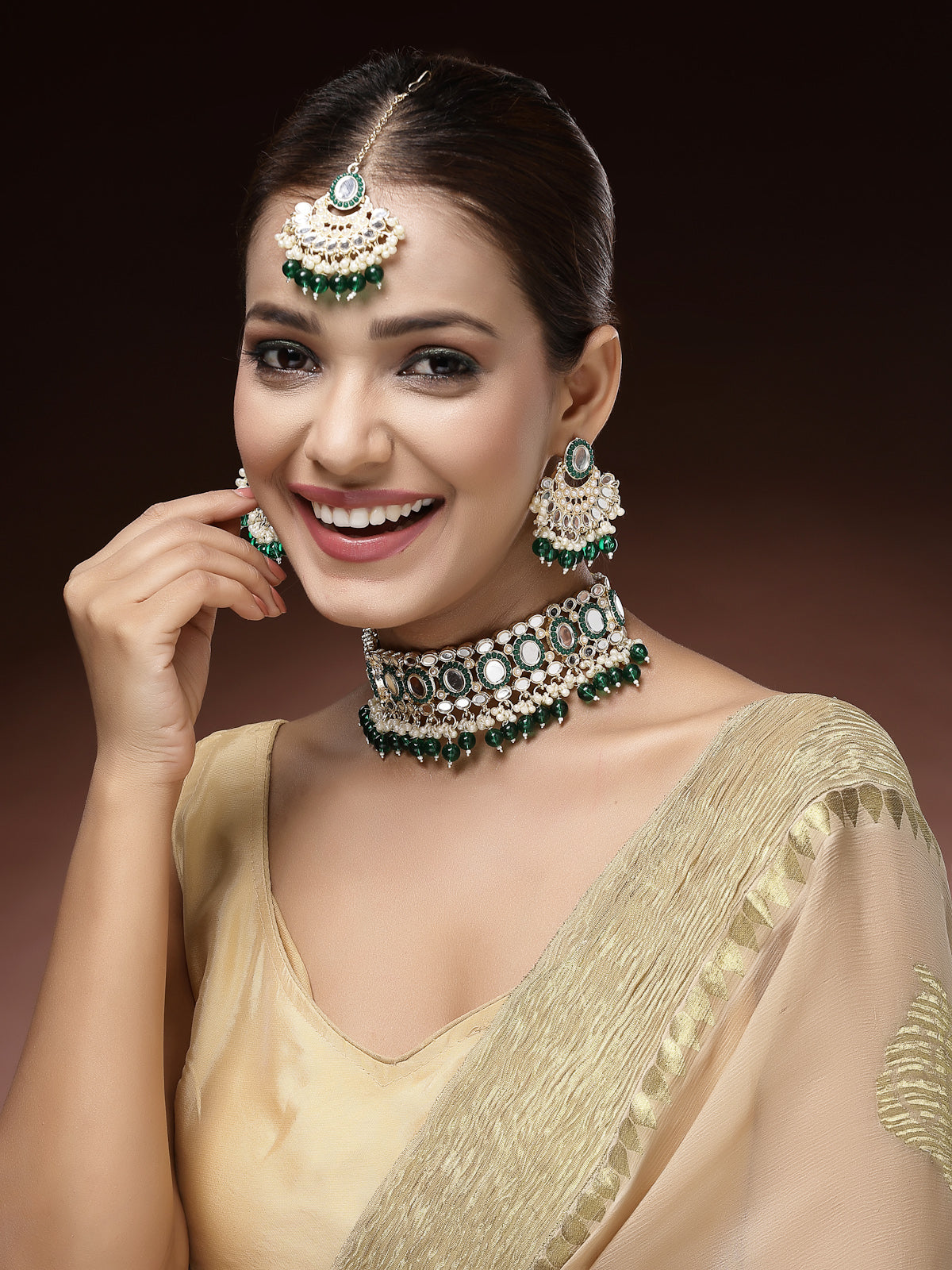 Sukkhi Classy Gold Plated with AD Beads Choker Necklace Set Earring and Maangtikka Jewellery Set for Women|NS107519