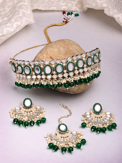 Sukkhi Classy Gold Plated with AD Beads Choker Necklace Set Earring and Maangtikka Jewellery Set for Women|NS107519