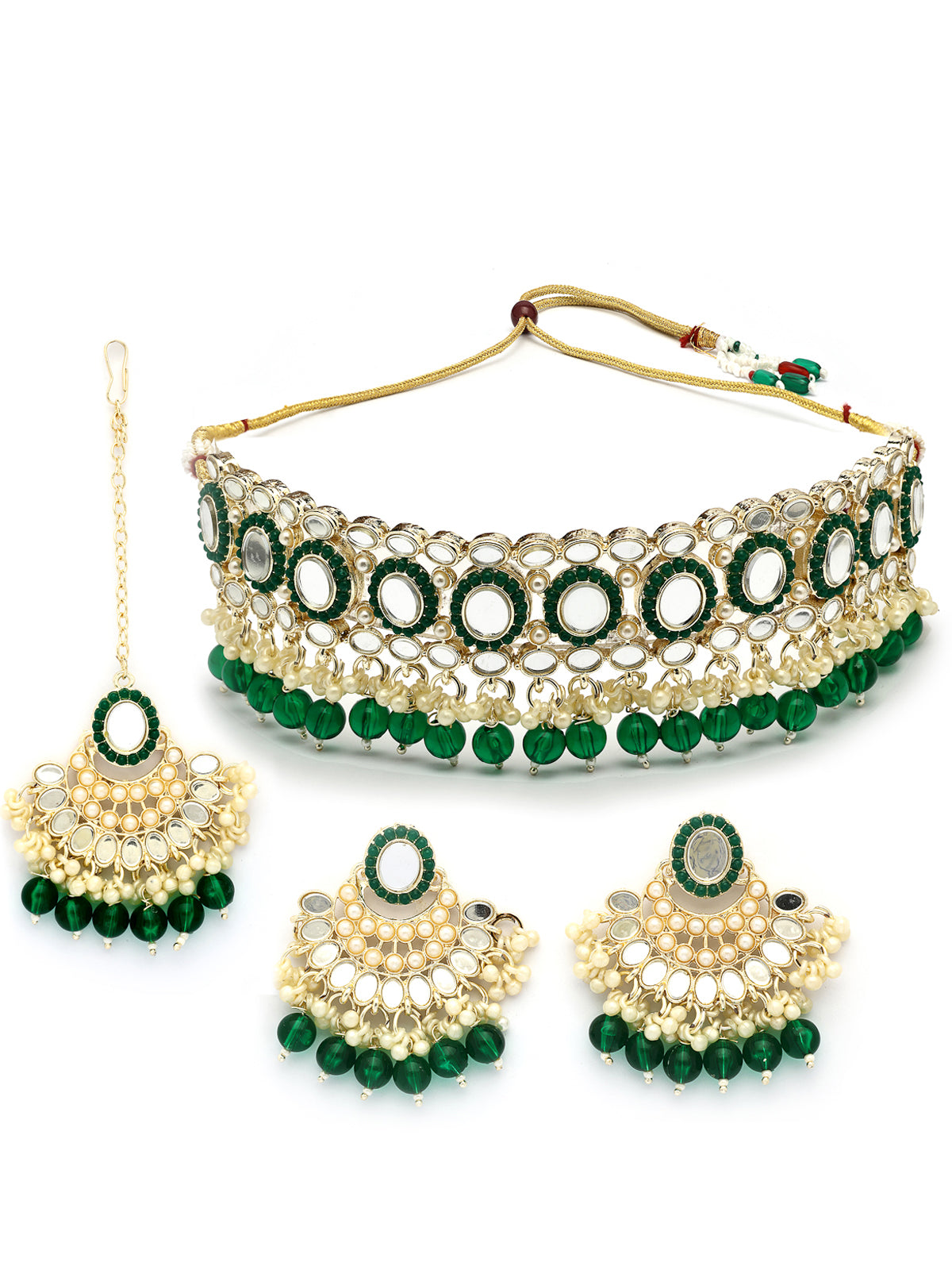 Sukkhi Classy Gold Plated with AD Beads Choker Necklace Set Earring and Maangtikka Jewellery Set for Women|NS107519