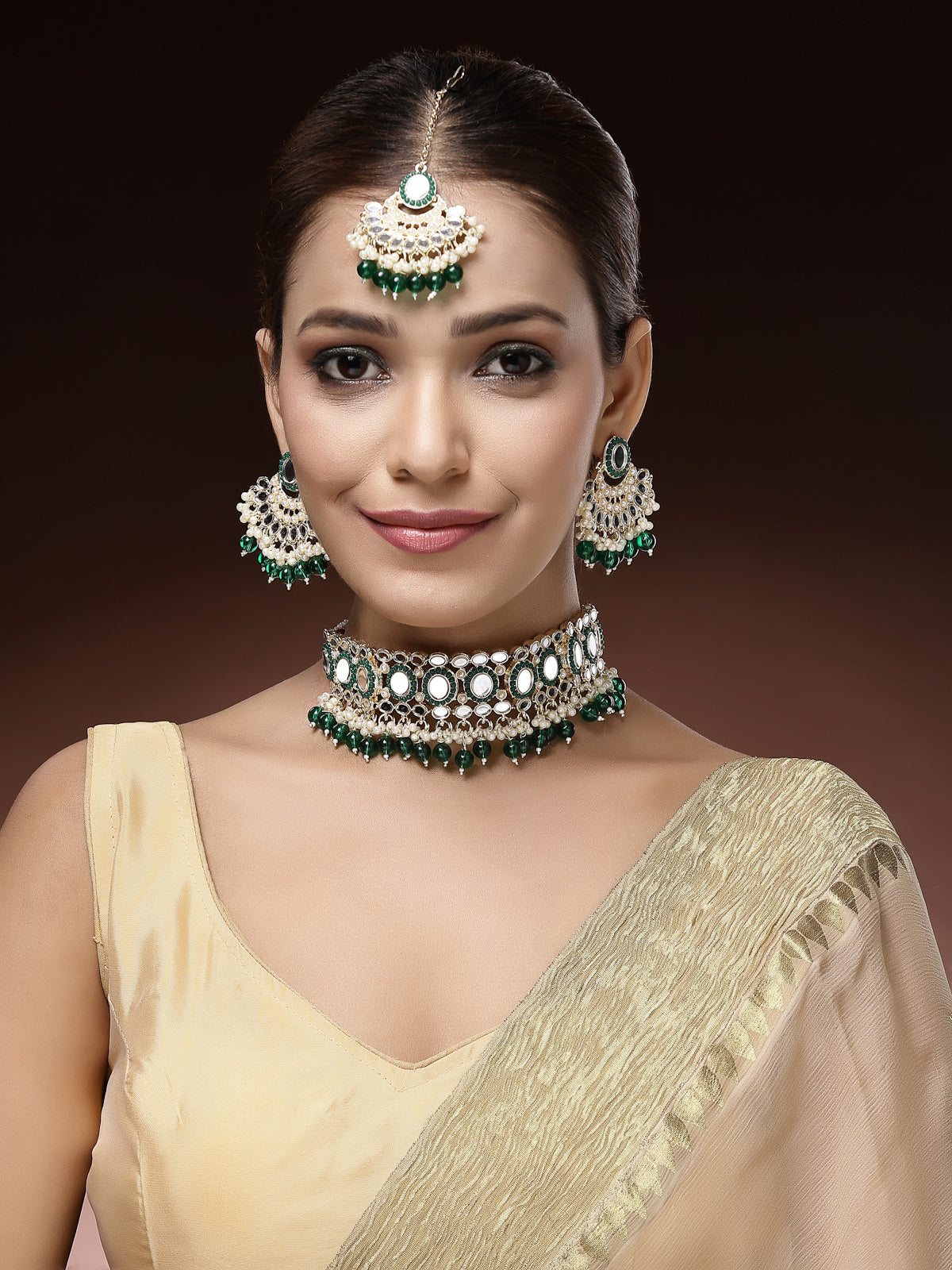 Sukkhi Classy Gold Plated with AD Beads Choker Necklace Set Earring and Maangtikka Jewellery Set for Women|NS107519