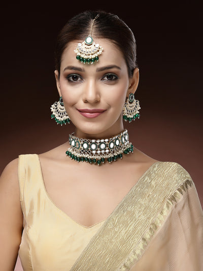 Sukkhi Classy Gold Plated with AD Beads Choker Necklace Set Earring and Maangtikka Jewellery Set for Women|NS107519
