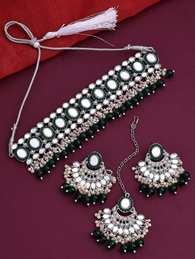 Sukkhi Trendy Rhodium Plated with AD Beads Choker Necklace Set Earring and Maangtikka Jewellery Set for Women|NS107520