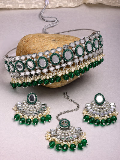Sukkhi Trendy Rhodium Plated with AD Beads Choker Necklace Set Earring and Maangtikka Jewellery Set for Women|NS107520