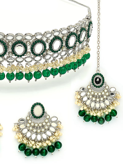 Sukkhi Trendy Rhodium Plated with AD Beads Choker Necklace Set Earring and Maangtikka Jewellery Set for Women|NS107520