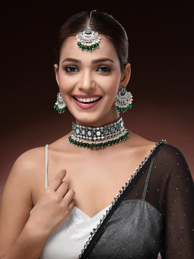 Sukkhi Trendy Rhodium Plated with AD Beads Choker Necklace Set Earring and Maangtikka Jewellery Set for Women|NS107520