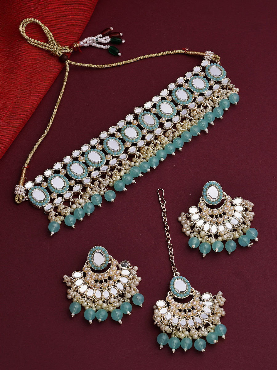Sukkhi Classical Gold Plated with AD Beads Choker Necklace Set Earring and Maangtikka Jewellery Set for Women|NS107521