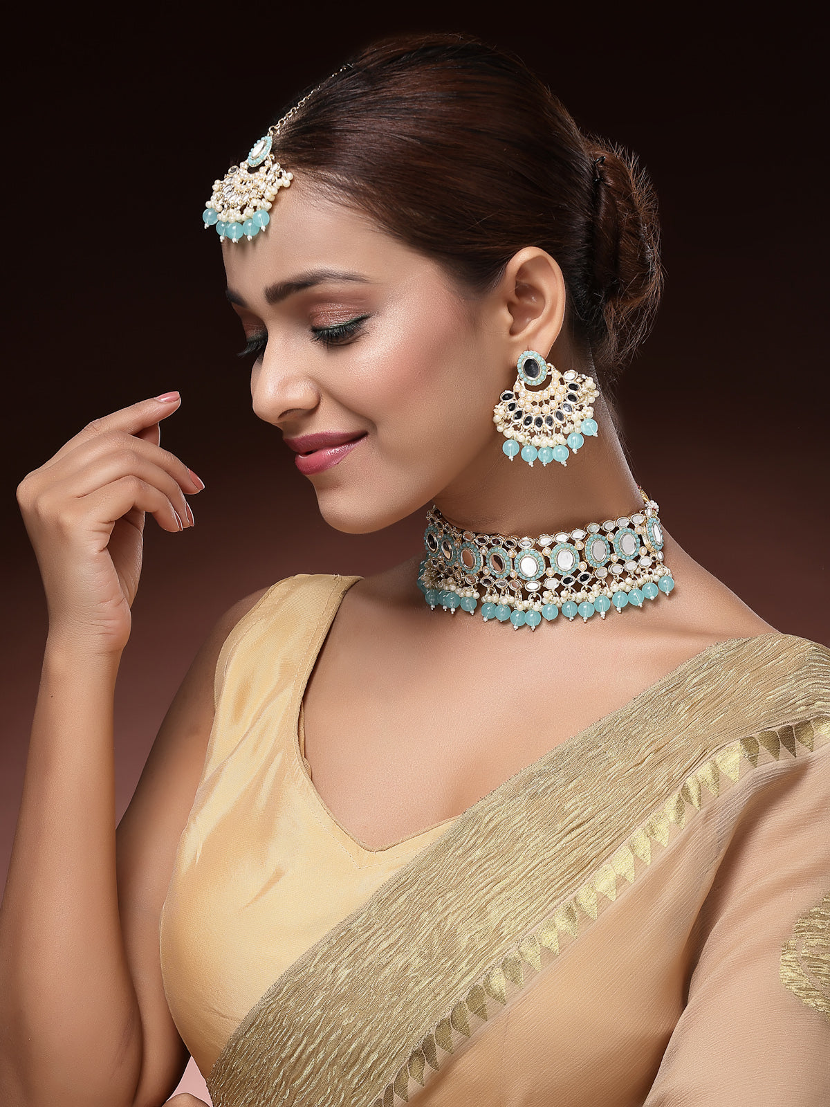 Sukkhi Classical Gold Plated with AD Beads Choker Necklace Set Earring and Maangtikka Jewellery Set for Women|NS107521