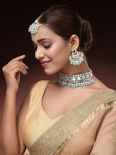 Sukkhi Classical Gold Plated with AD Beads Choker Necklace Set Earring and Maangtikka Jewellery Set for Women|NS107521