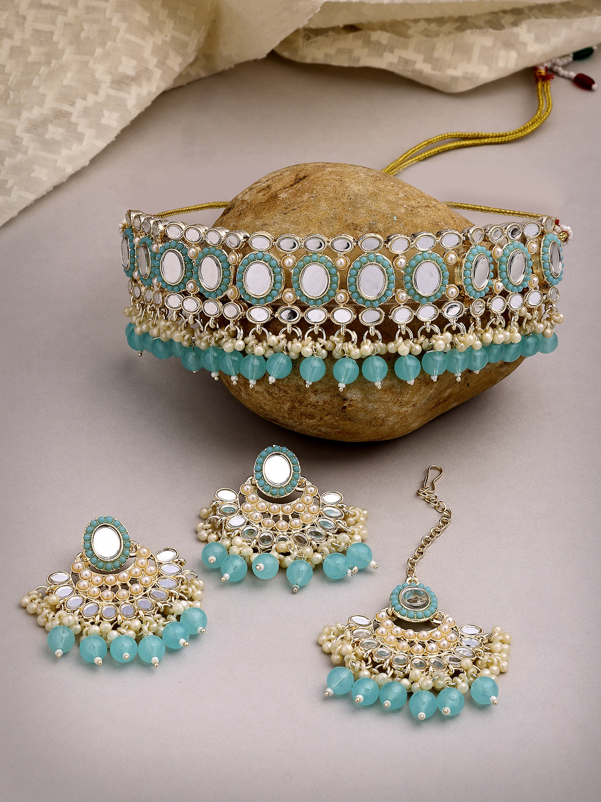 Sukkhi Classical Gold Plated with AD Beads Choker Necklace Set Earring and Maangtikka Jewellery Set for Women|NS107521