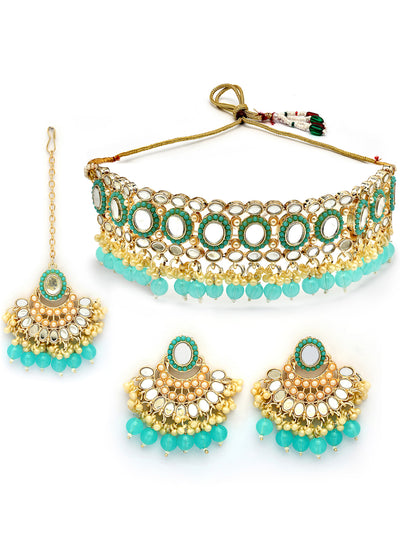 Sukkhi Classical Gold Plated with AD Beads Choker Necklace Set Earring and Maangtikka Jewellery Set for Women|NS107521