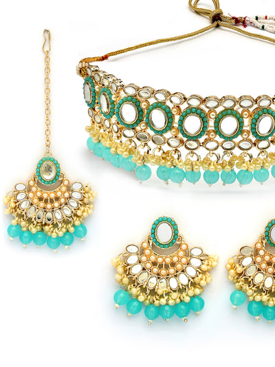 Sukkhi Classical Gold Plated with AD Beads Choker Necklace Set Earring and Maangtikka Jewellery Set for Women|NS107521