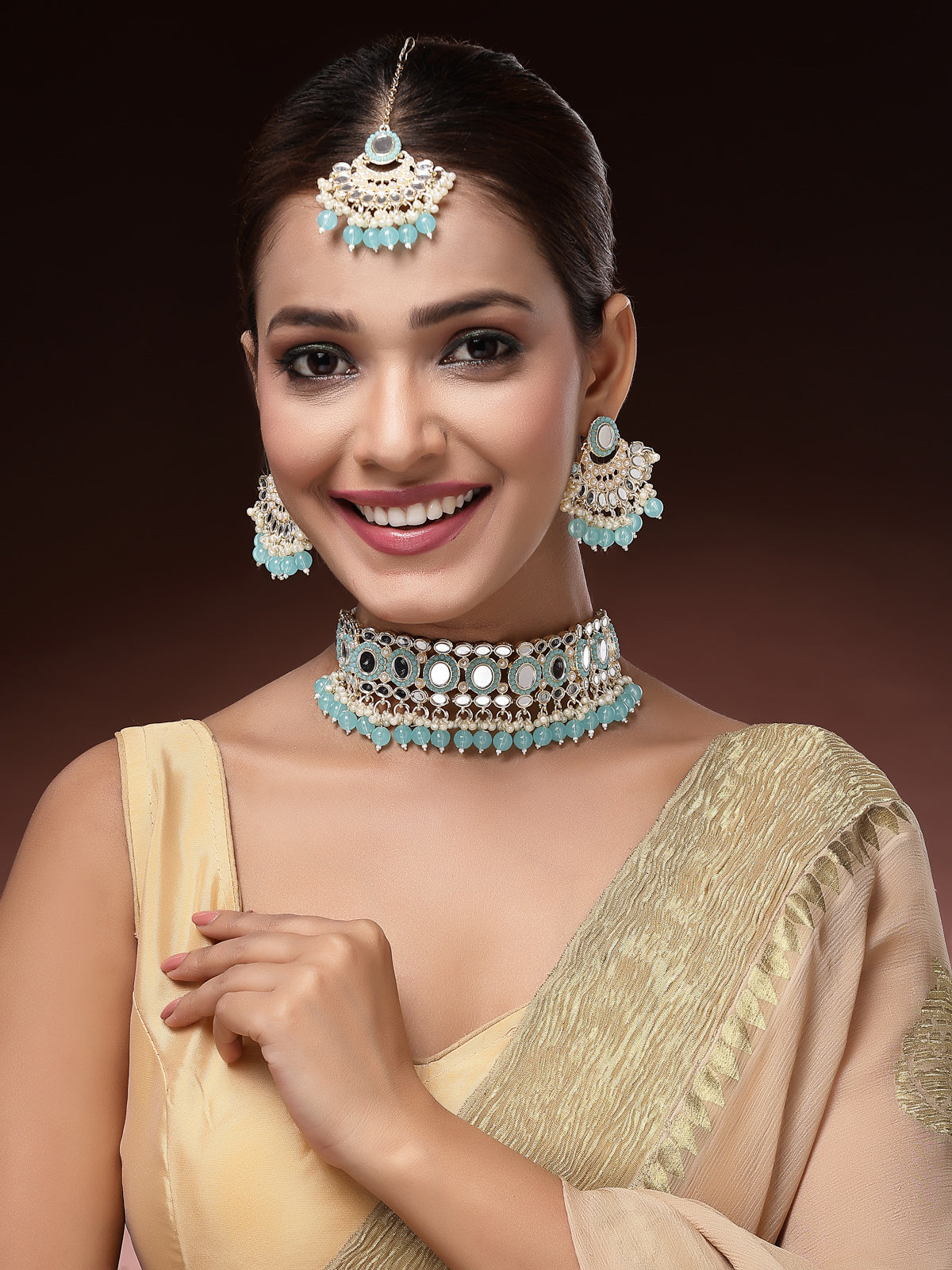 Sukkhi Classical Gold Plated with AD Beads Choker Necklace Set Earring and Maangtikka Jewellery Set for Women|NS107521