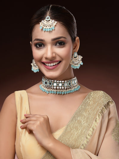 Sukkhi Classical Gold Plated with AD Beads Choker Necklace Set Earring and Maangtikka Jewellery Set for Women|NS107521