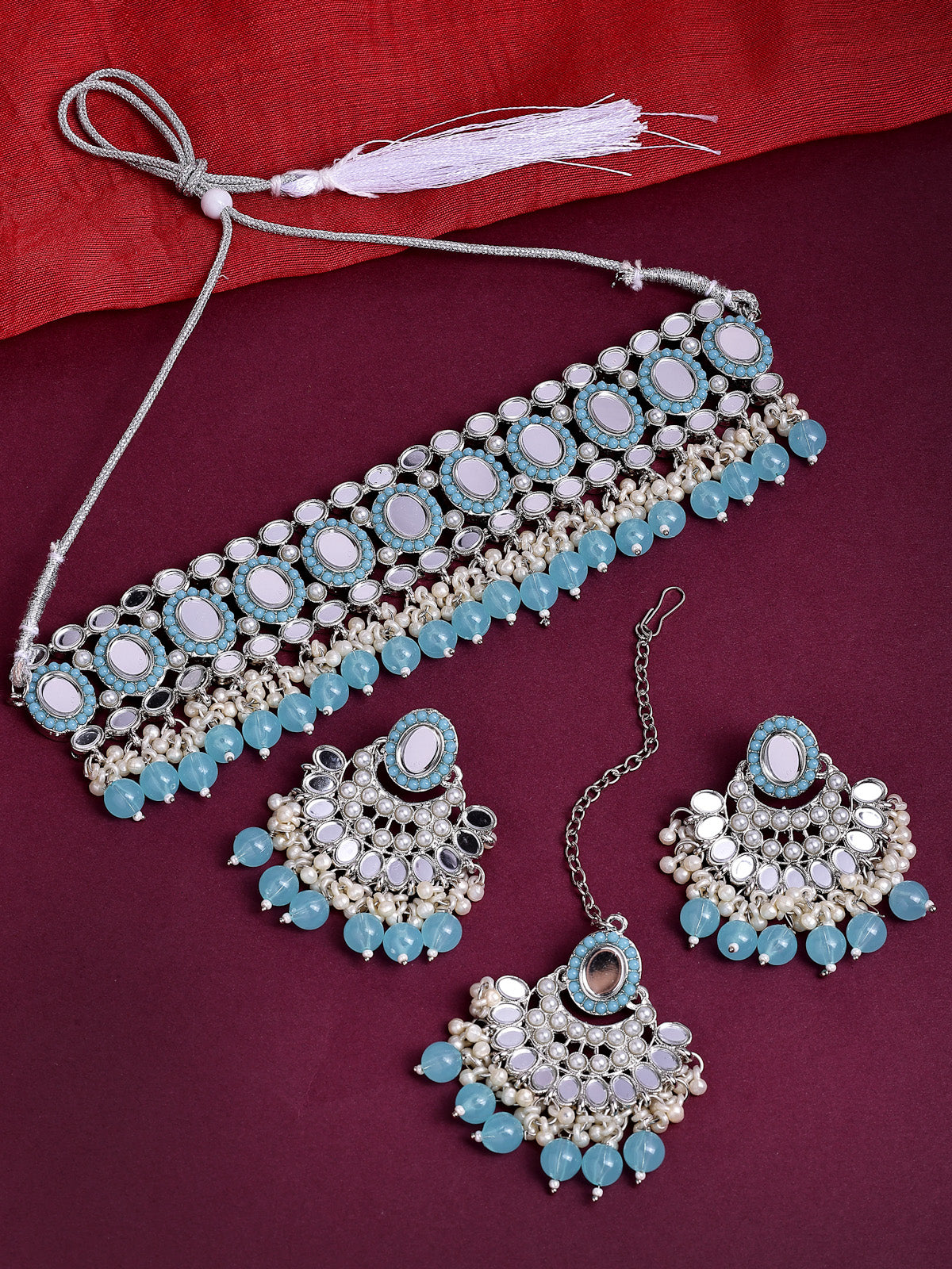 Sukkhi Traditional Rhodium Plated with AD Beads Choker Necklace Set Earring and Maangtikka Jewellery Set for Women|NS107522