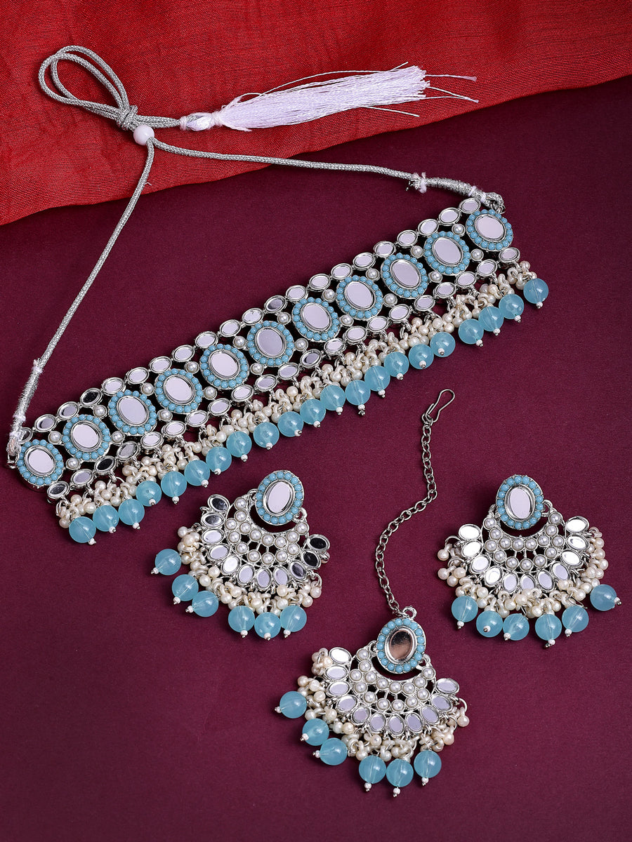 Sukkhi Traditional Rhodium Plated with AD Beads Choker Necklace Set Earring and Maangtikka Jewellery Set for Women|NS107522