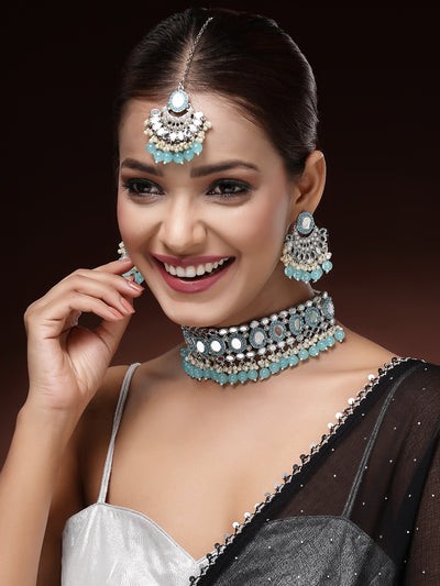 Sukkhi Traditional Rhodium Plated with AD Beads Choker Necklace Set Earring and Maangtikka Jewellery Set for Women|NS107522