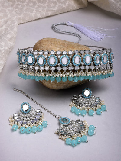 Sukkhi Traditional Rhodium Plated with AD Beads Choker Necklace Set Earring and Maangtikka Jewellery Set for Women|NS107522